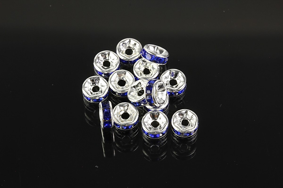 Distantiere argintii cu rhinestones albastru cobalt 6mm (3x6mm)
