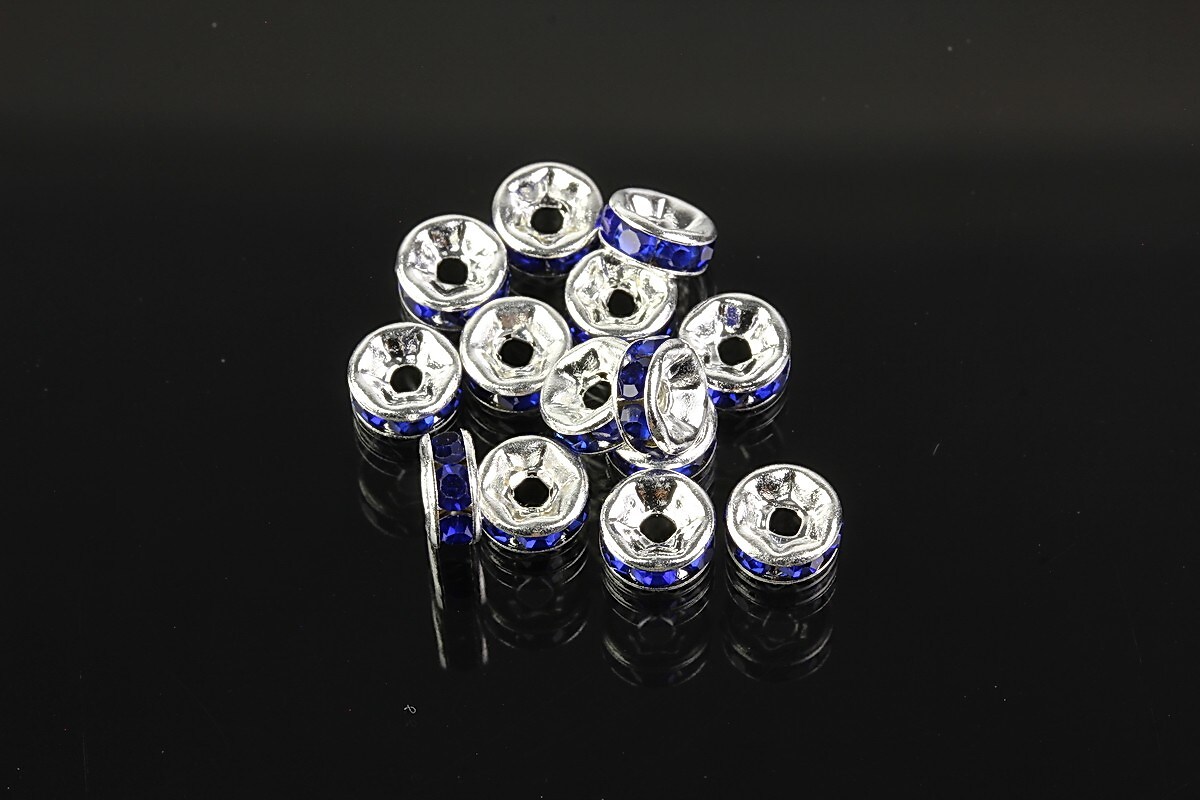 Distantiere argintii cu rhinestones albastru cobalt 6mm (3x6mm)