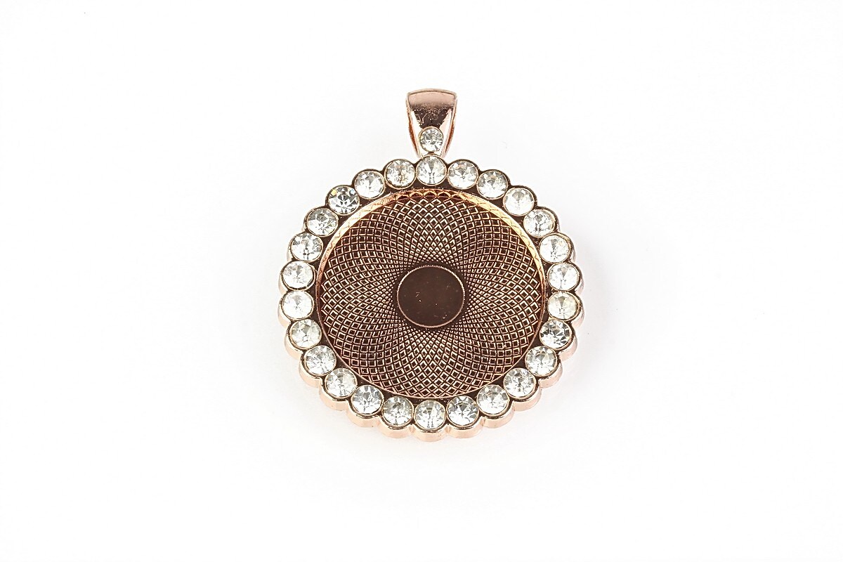 Baza cabochon rose gold cu strasuri albe 43x34mm, interior 25mm