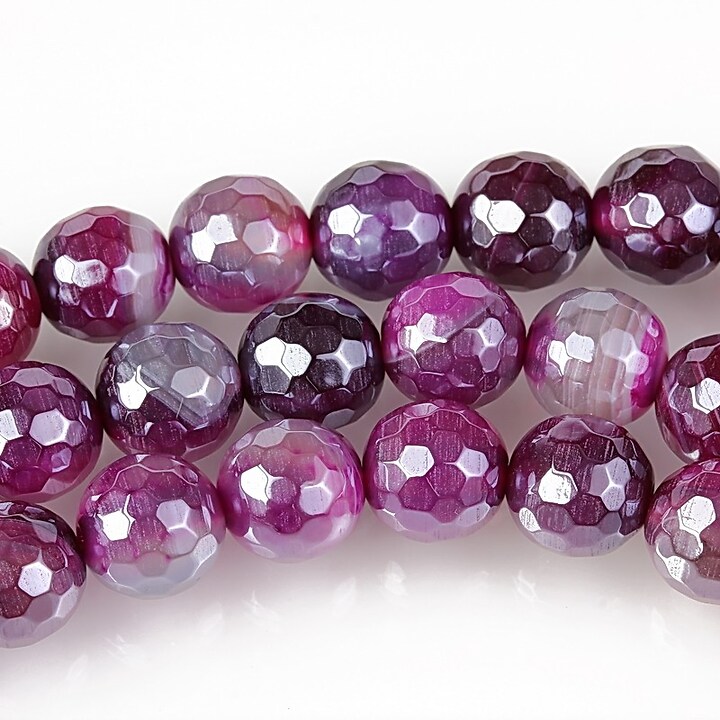 Agate striped placate cu pearl luster sfere fatetate 8mm - magenta