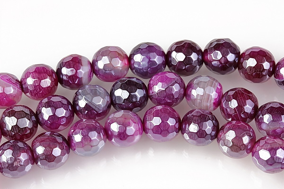 Agate striped placate cu pearl luster sfere fatetate 8mm - magenta