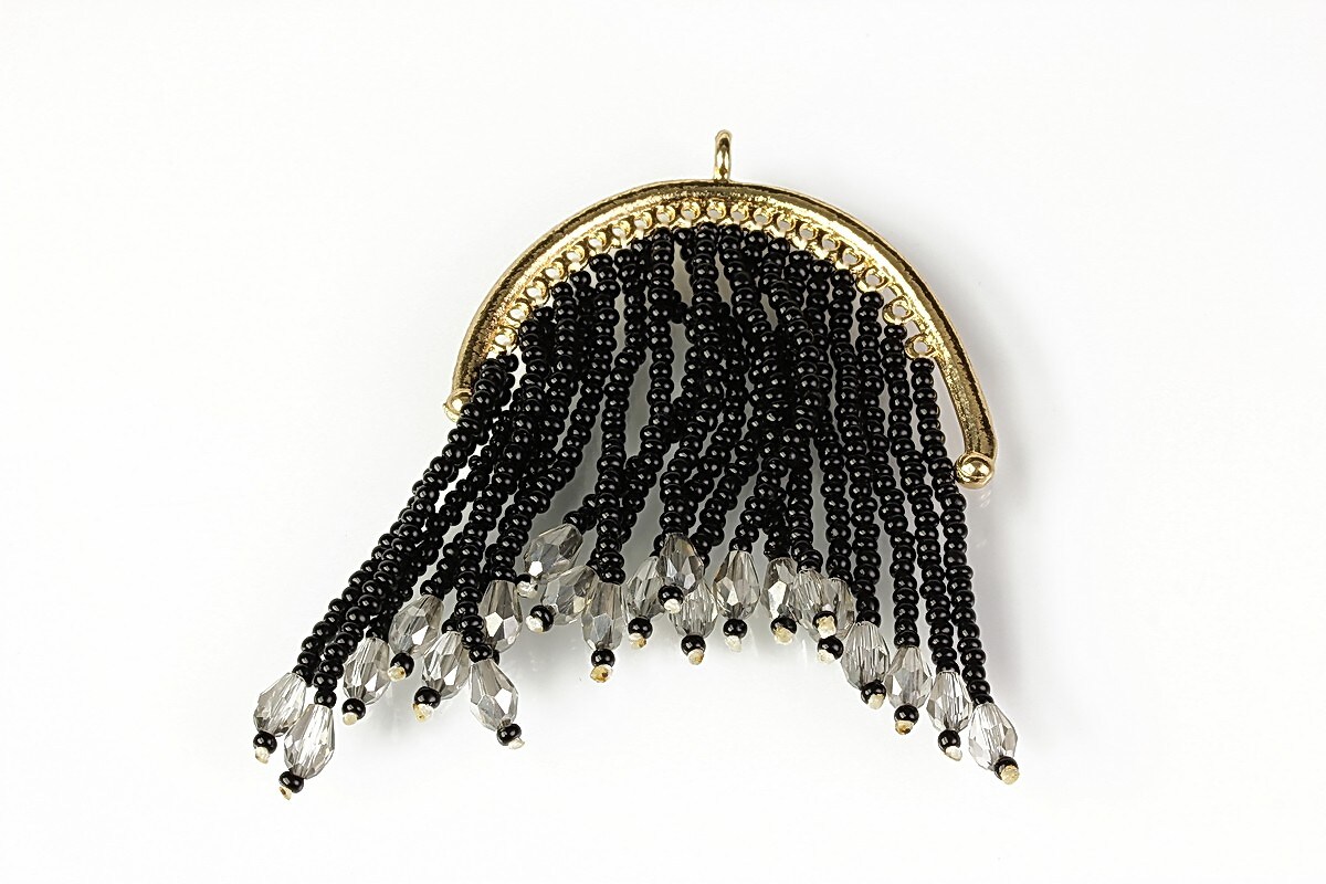 Pandantiv chandelier auriu cu margele de nisip si cristale 69x48mm - negru