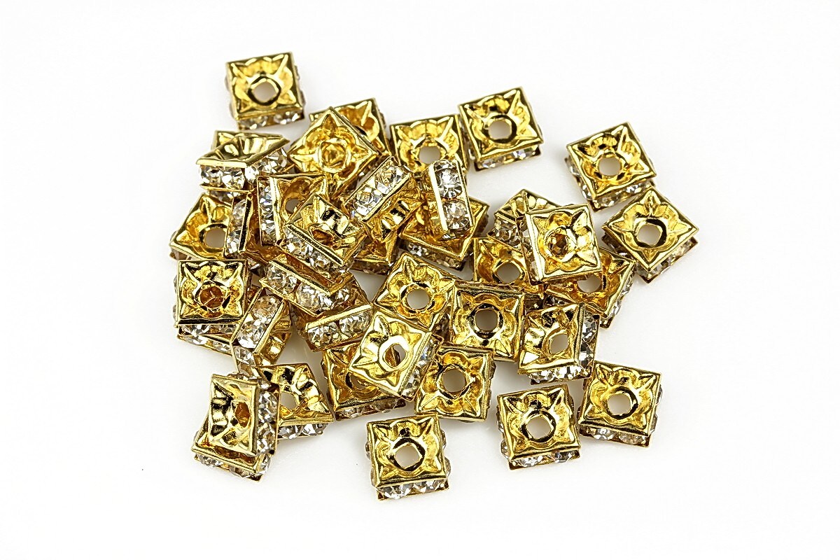 Distantiere patrate aurii cu rhinestone albe 3x6mm