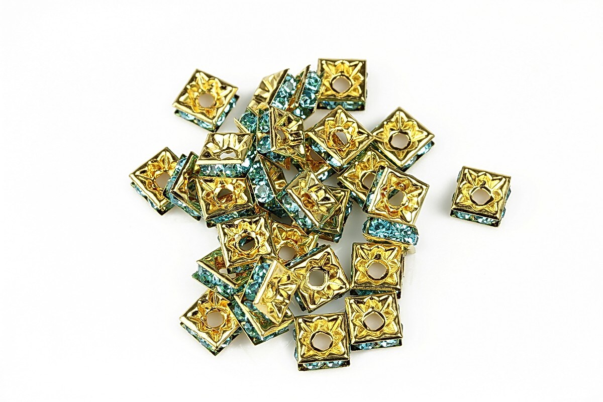 Distantiere patrate aurii cu rhinestone albastre 3x6mm