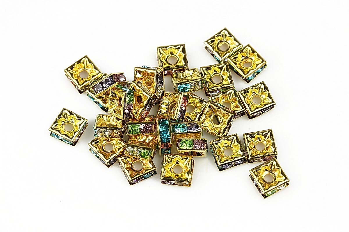 Distantiere patrate aurii cu rhinestone multicolore 3x6mm