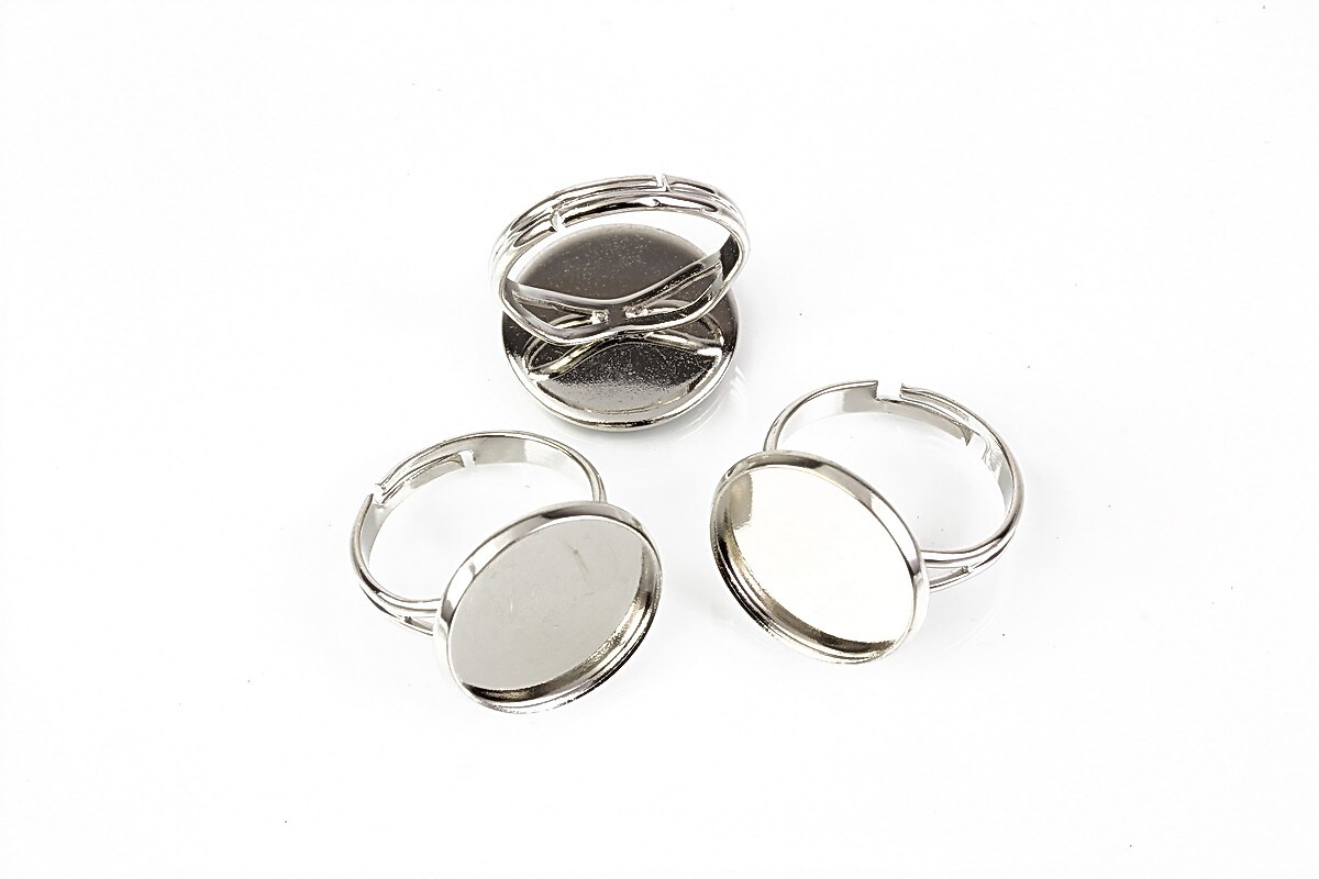Baza de inel argintiu inchis, reglabila, baza cabochon 16mm