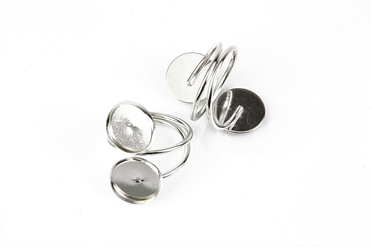 Baza de inel argintiu inchis, reglabila, cu doua baze cabochon 12mm