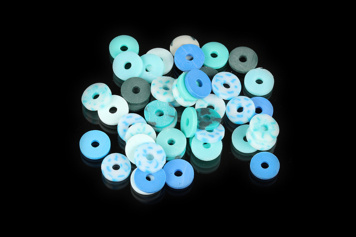 Margele Heishi rondele din lut polimeric 8x1,5mm (20 grame) - mix albastru turcoaz