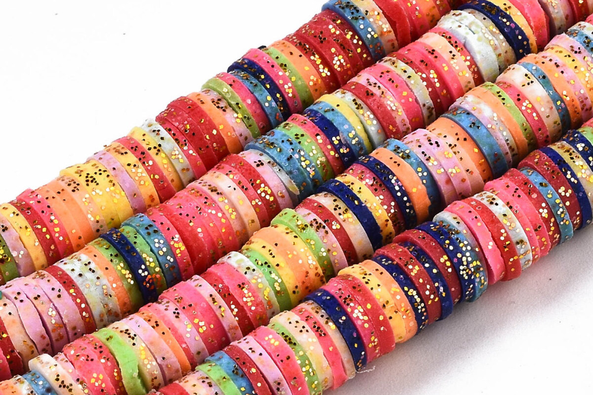 Sirag margele Heishi rondele din lut polimeric 6x0,5-1mm - multicolor cu sclipici auriu