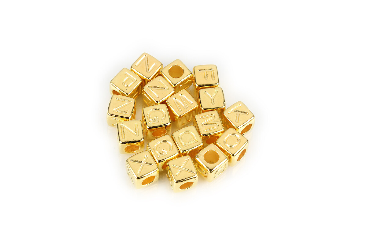 Margele cu litere din plastic, cub 7mm, 100 buc, auriu