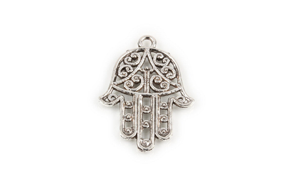 Charm argintiu antichizat mana Hamsa 30x21mm