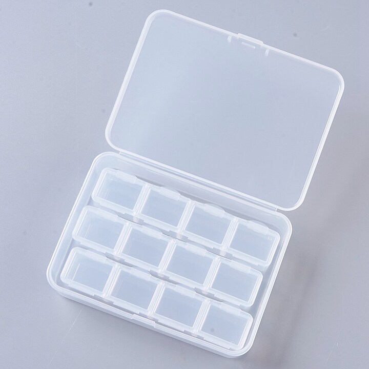 Cutie plastic pentru margele cu 3 cutiute in interior a cate 4 compartimente, 10,4x7,5x2,5cm