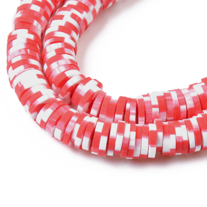 Sirag margele Heishi rondele din lut polimeric 6x0,5-1mm - rosu si alb