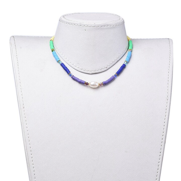 Colier margele Heishi multicolore, perla de cultura si inchizatoare otel, lungime 38cm