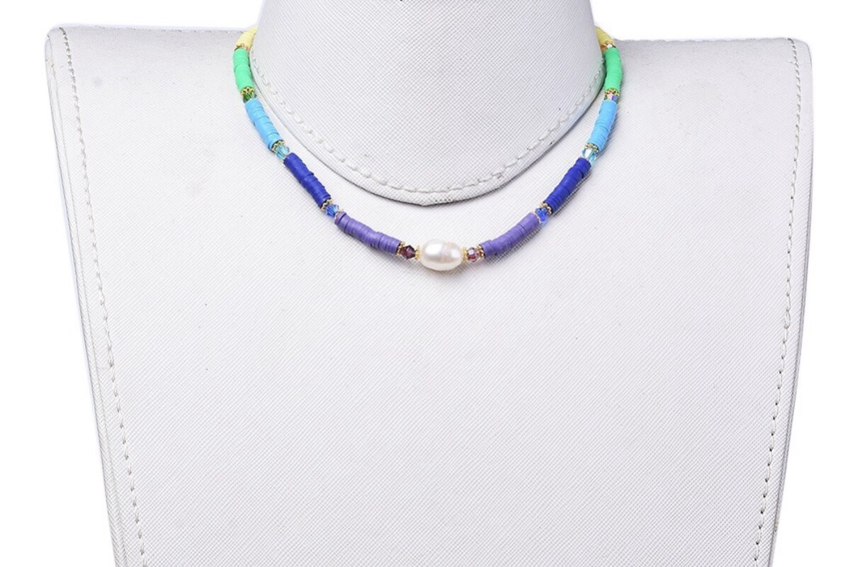 Colier margele Heishi multicolore, perla de cultura si inchizatoare otel, lungime 38cm
