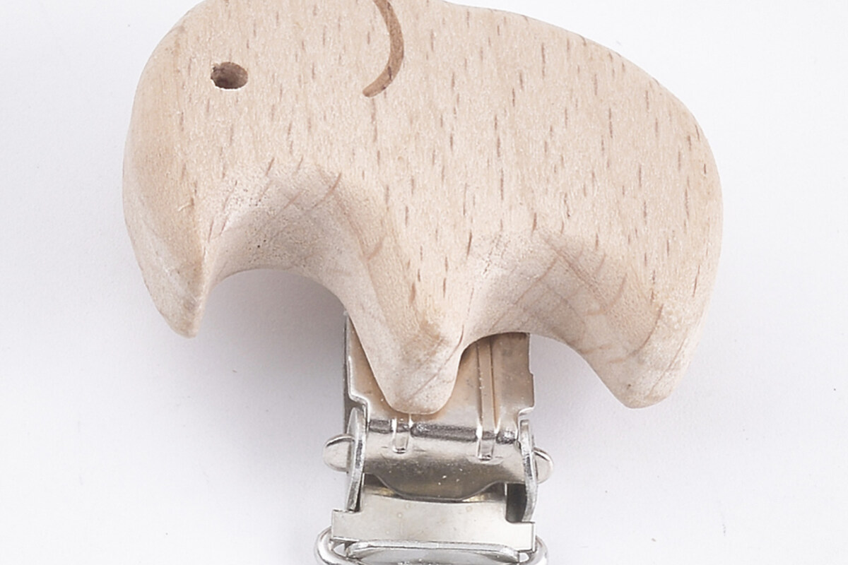 Clips pentru suzeta, sistem de prindere suzeta din lemn de fag pentru pictat - elefant