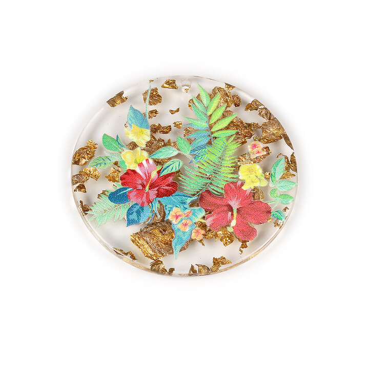 Pandantiv din rasina cu print 3D floral si foita aurie 39mm