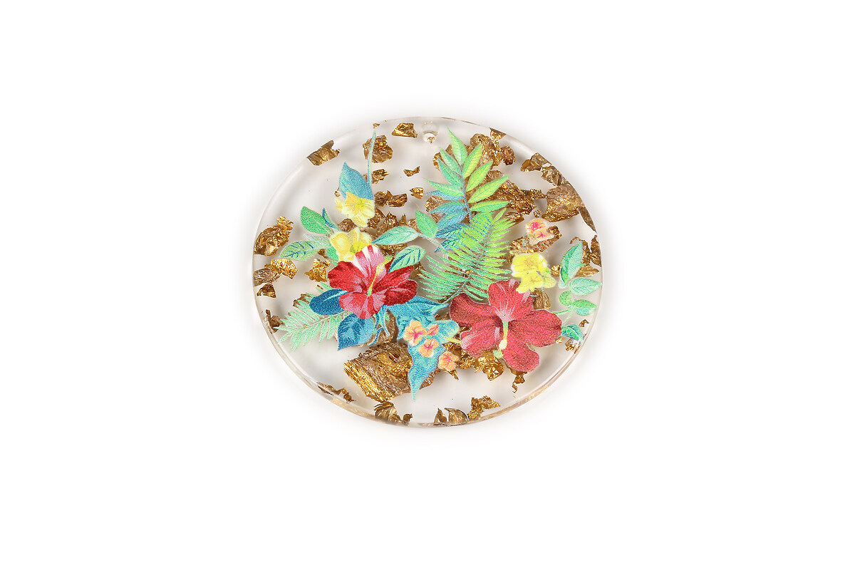 Pandantiv din rasina cu print 3D floral si foita aurie 39mm