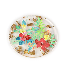 Pandantiv din rasina cu print 3D floral si foita aurie 39mm