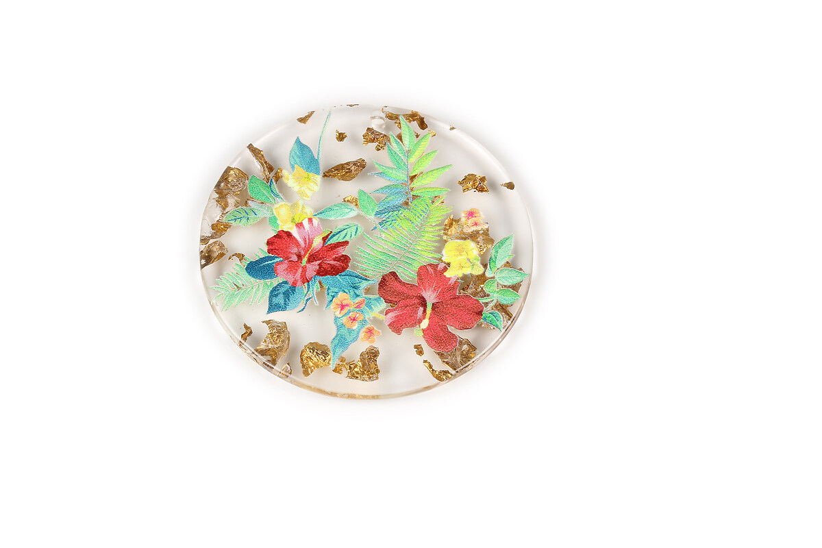 Pandantiv din rasina cu print 3D floral si foita aurie 39mm