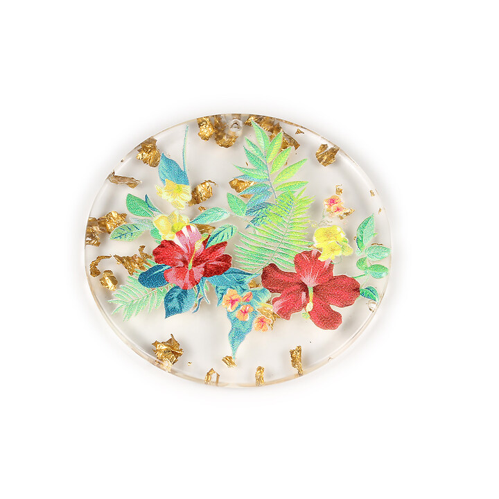 Pandantiv din rasina cu print 3D floral si foita aurie 39mm