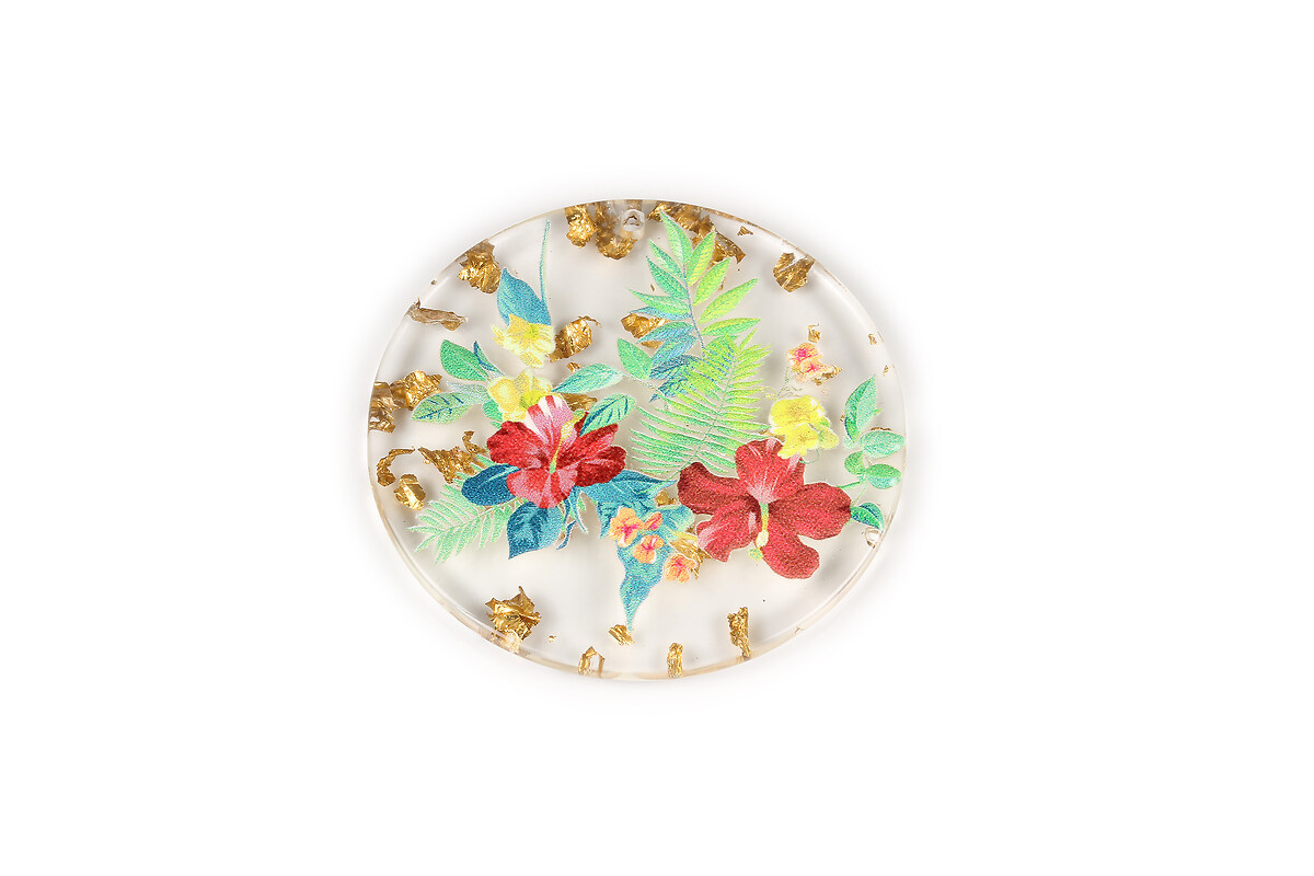 Pandantiv din rasina cu print 3D floral si foita aurie 39mm