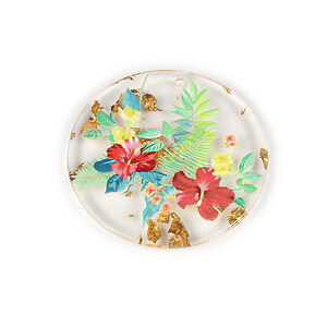 Pandantiv din rasina cu print 3D floral si foita aurie 39mm