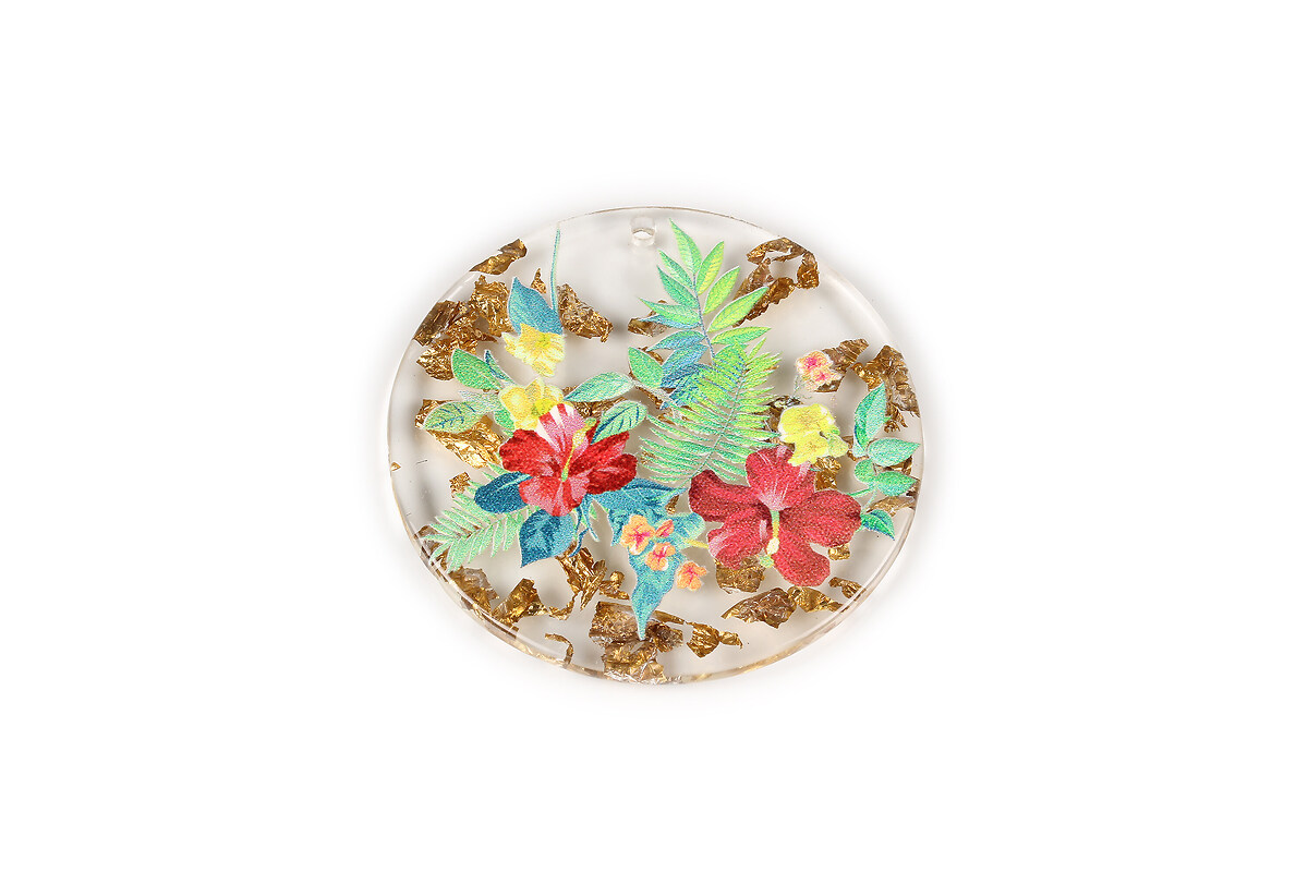 Pandantiv din rasina cu print 3D floral si foita aurie 39mm