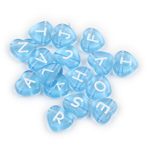 Margele cu litere din plastic, inima 10,5x11,5mm, 100 buc, albastru
