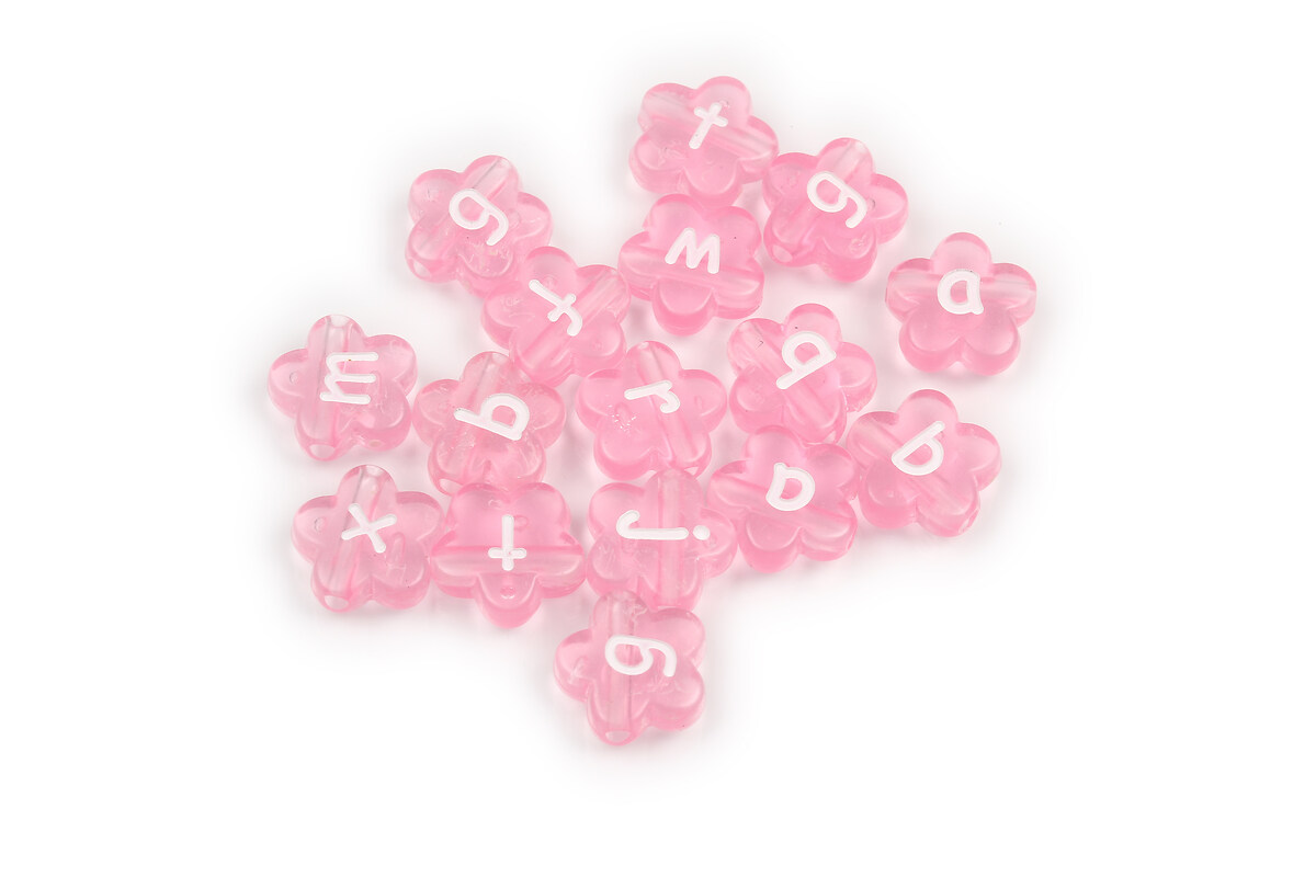 Margele cu litere din plastic, floare 11,5x11,5mm, 100 buc, roz