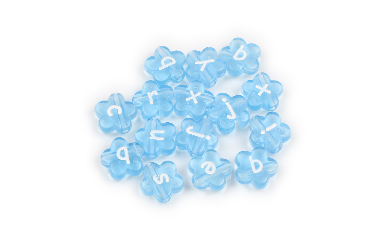 Margele cu litere din plastic, floare 11,5x11,5mm, 100 buc, albastru