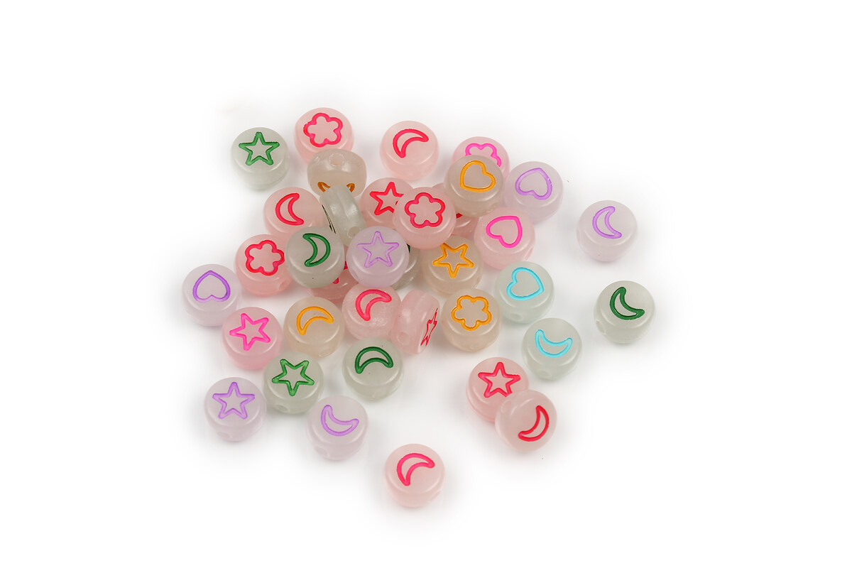 Margele multicolore din plastic , luna, stele, inima, floare 7mm, 100 buc.