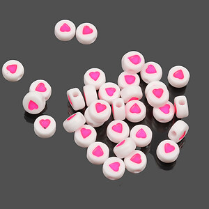 Margele albe din plastic cu inimioara roz 7mm, 100 buc.